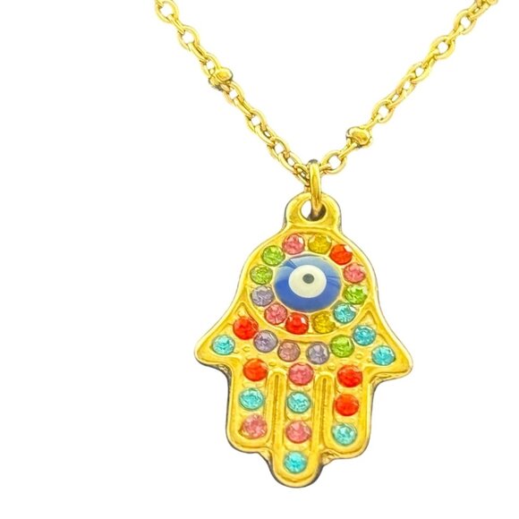 Hamsa Hand Pendant Necklace With Evil Eye Charm & Colorful Rhinestones On Gold-P - Picture 1 of 5
